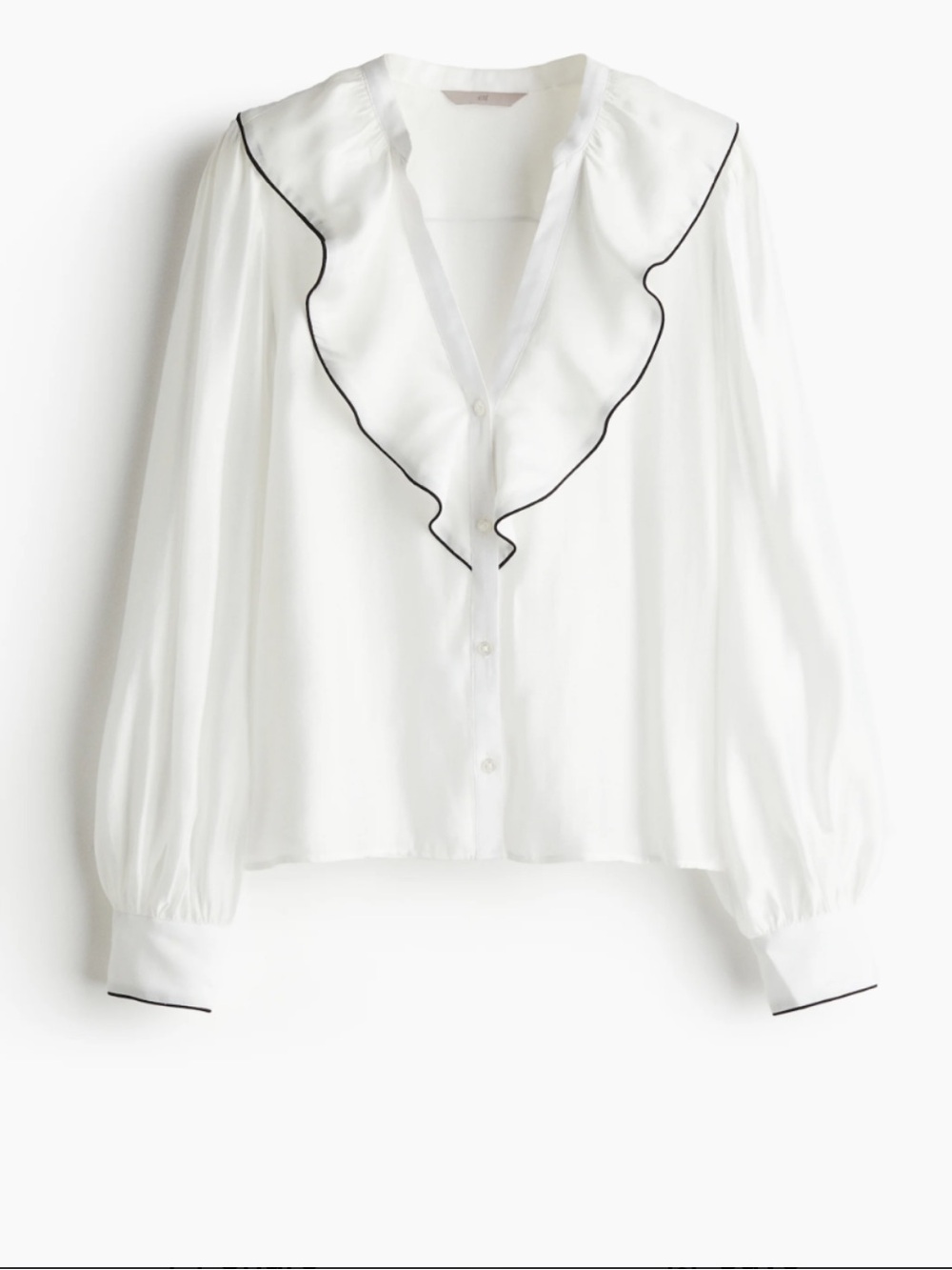 H&M Viscose White Ruffle-Trim V-Neck Blouse Balloon Sleeve New Medium